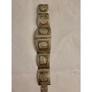 Vintage Taxco Mexico 925 Sterling Silver Aztec Mayan Copper‎ Panel Link Bracelet
